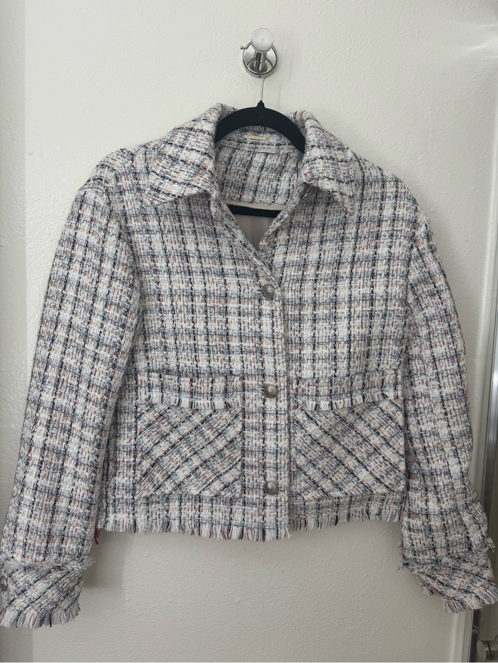 Elie Tahari Cream Multi Tweed Plaid Fringe Jacket